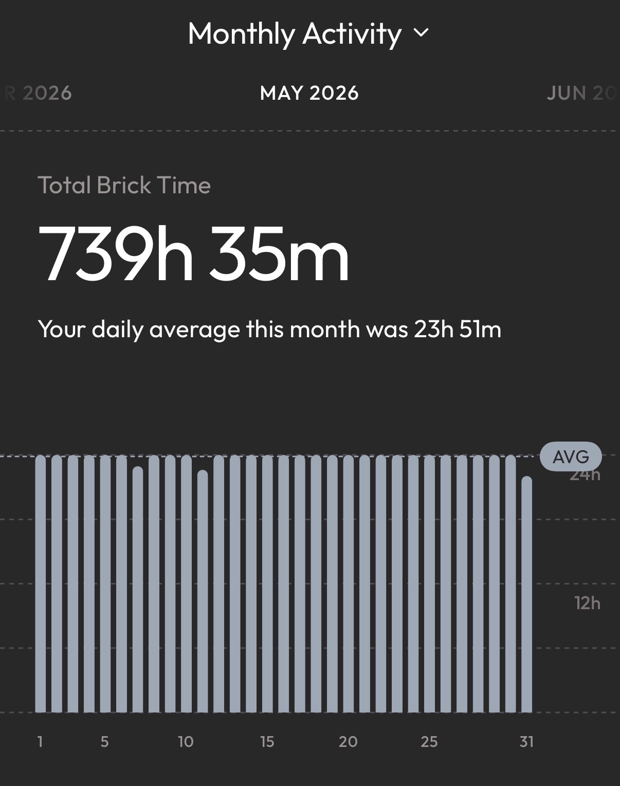 Chart showing 739 hours of Brick Time in May