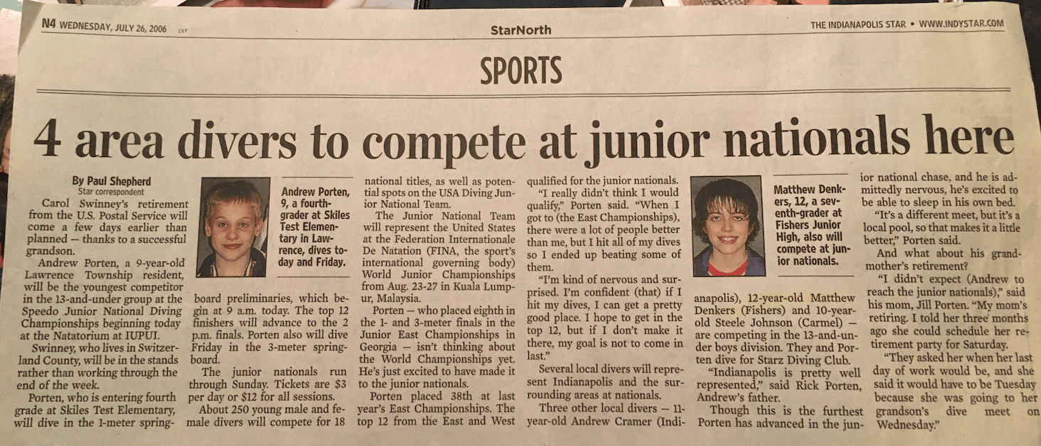 Newspaper article from the Indy Star in 2006 titled '4 area divers to compete at junior nationals here'.